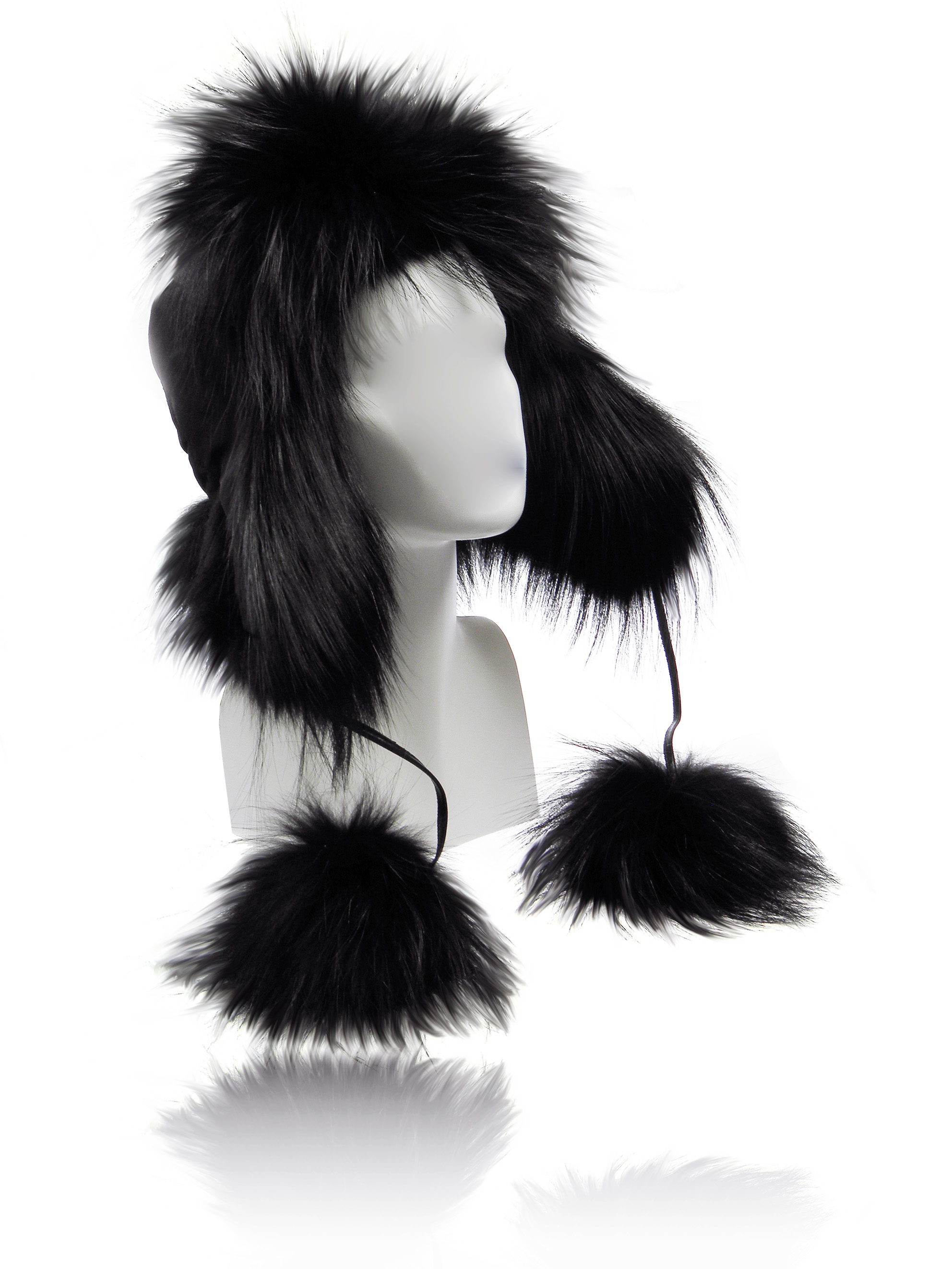 FurLand Pilotenmütze - USHANKA BLACK RACCOON - mit Pom Pom's